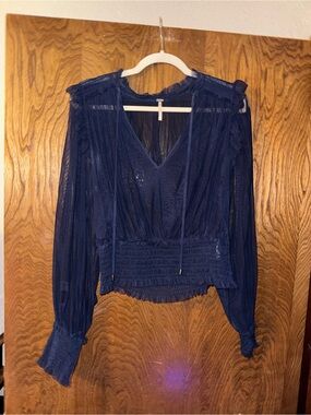 Free People Navy Sheer V-Neck Cropped Blouse